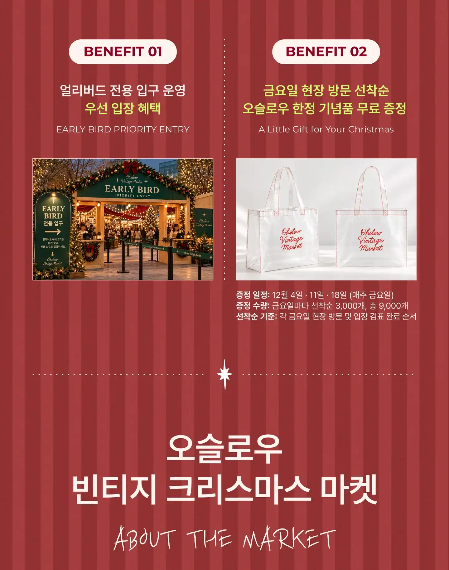 혜택 1: 얼리버드 전용 입구 운영, 우선 입장 혜택. 혜택 2: 금요일 현장 방문 선착순 오슬로우 한정 기념품 무료 증정. 증정일 12월 4일 · 11일 · 18일(매주 금요일), 금요일마다 선착순 3,000개 총 9,000개, 각 금요일 현장 방문 및 입장 검표 완료 순서. 오슬로우 빈티지 크리스마스 마켓 About the Market